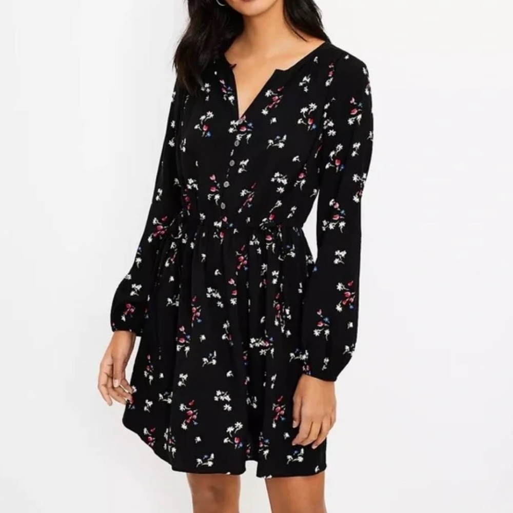 Loft Petites Black Floral Printed Side Tie Shirtdress SP